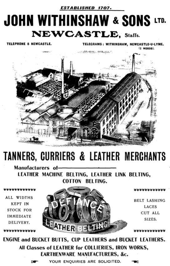 John Withinshaw & Sons Ltd, Pool Dam, Newcastle, Staffs - Tanners, Curriers & Leather Merchants