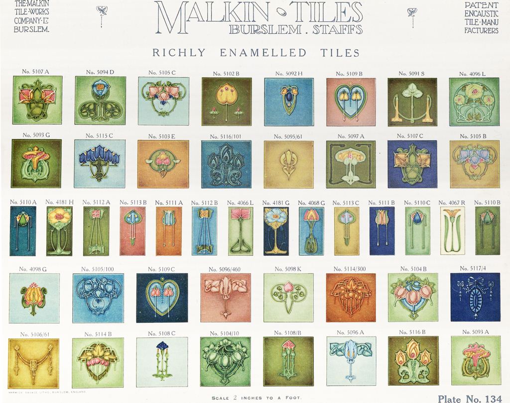 from a 1910 trade catalogue featuring encaustic, mosaic and wall tile designs manufactured by the Malkin Tile Works of Burslem