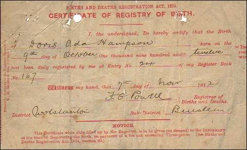 Doris Ada Hampson's birth certificate