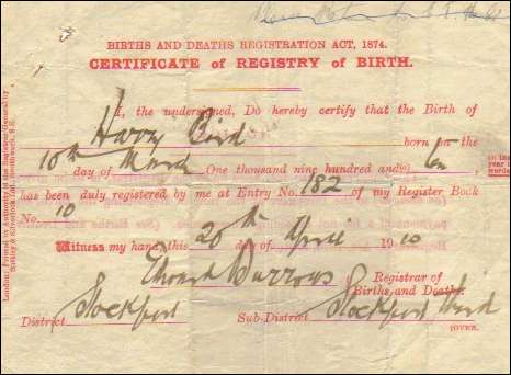 Harry Bird's birth certificate