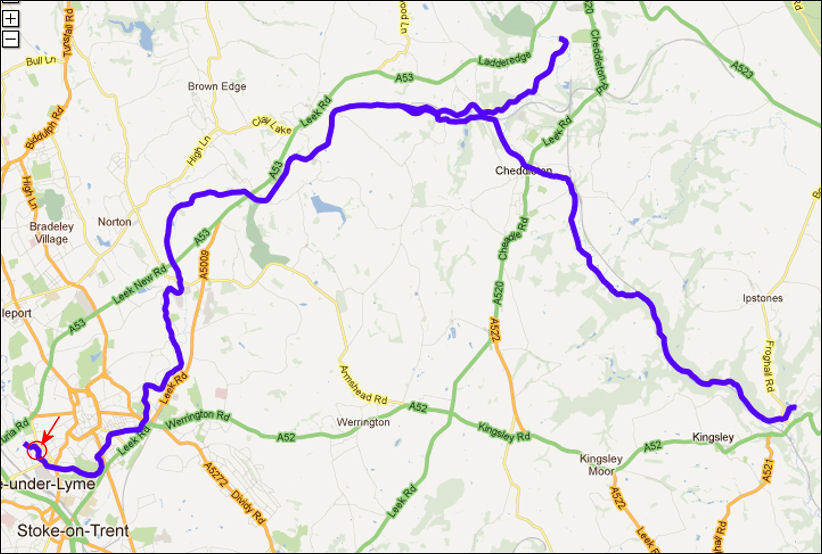 the route of the Caldon Canal from Etruria to Froghall