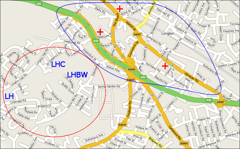 Current Map showing the location of Lane End (blue area) and Longton (red area)