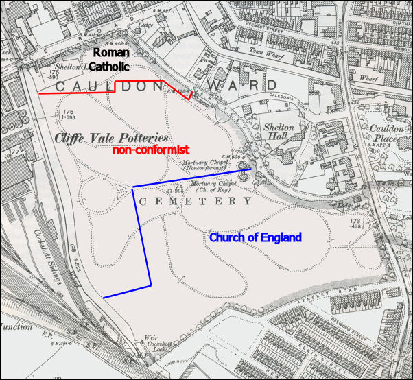 1898 OS map showing the division of Hanley cemetery