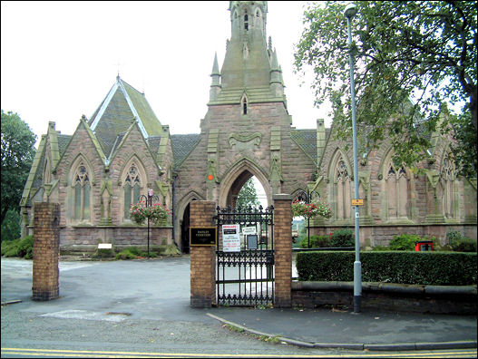 The entrance to Hanley Cemetery with the imposing chapels immediately behind