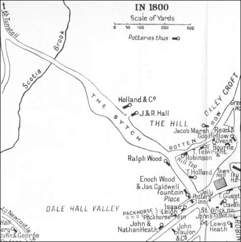 1800 map which shows the works of Ralph Wood at the location of the Hill Works 