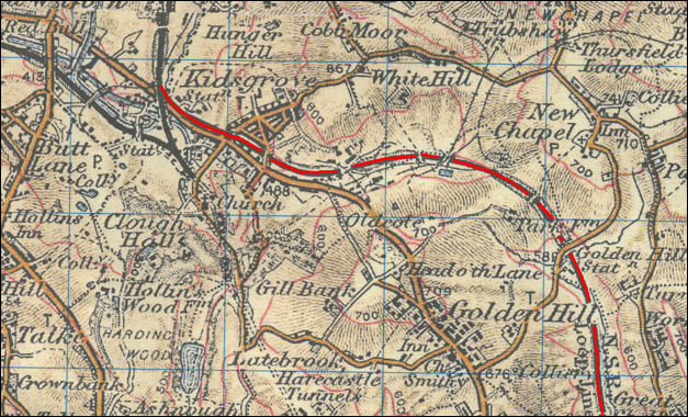 The route of the Loop Line through Golden Hill to join the main line at Kidsgrove