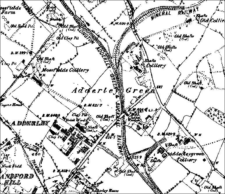 1890 OS map showing Adderley Green and Mossfield Collieries 
