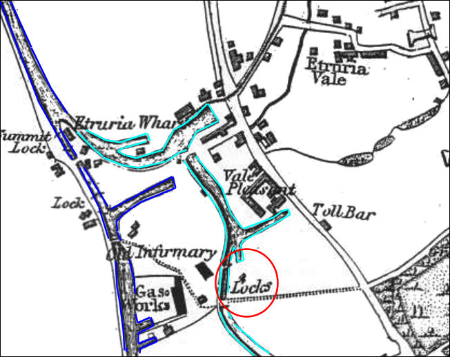 1832 map - in dark blue is the Trent & Mersey Canal and in light blue the Caldon Canal