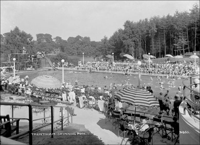 Postcard of Trentham Swimming Pool - there was seating for a thousand people around the pool 