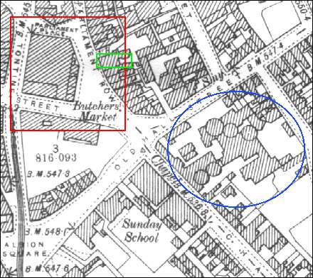 1898 OS map of the Parliament Row area of Hanley. 