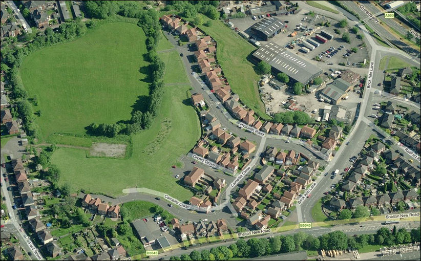 Housing estate on the location of the Caddick Brick Works - the grassed area is over the old marl hole