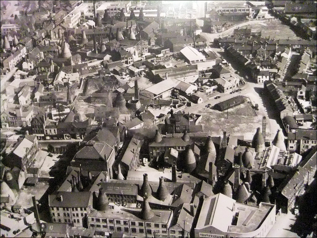 Longton in the mid 1950's - to the left is High Street (now Uttoxeter Road), bottom right is Stafford Street (now The Strand) 