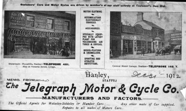 1912 Letterhead of 'The Telegraph Motor & Cycle Co.'