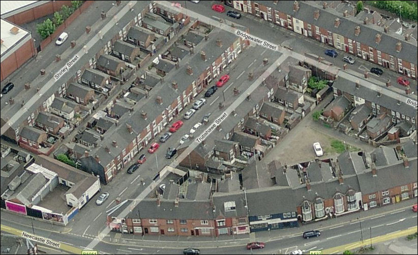 a closer view of Trubshawe, Shirley & Bridgewater Streets from the Newcastle Street end