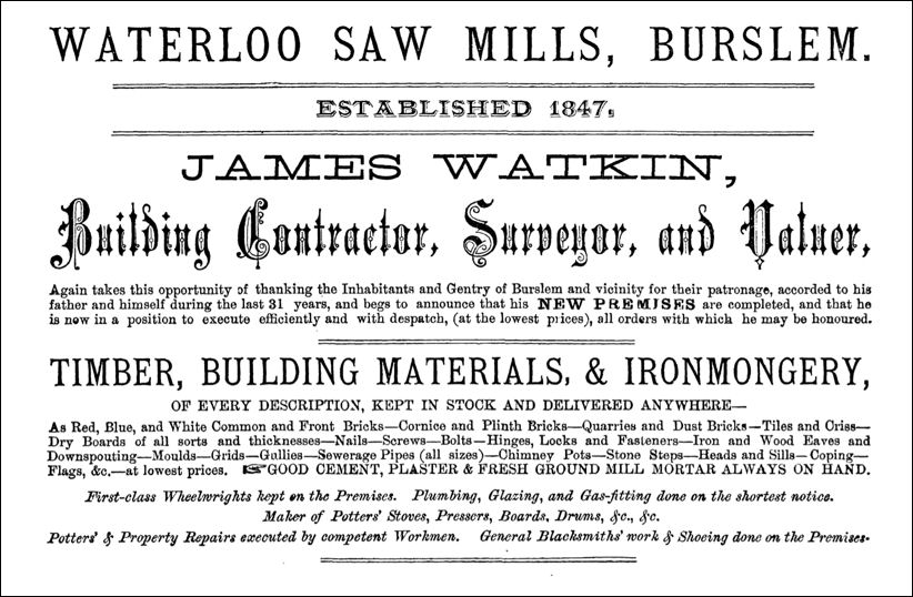 James Watkin - Waterloo Saw Mills, Burslem - established 1847
