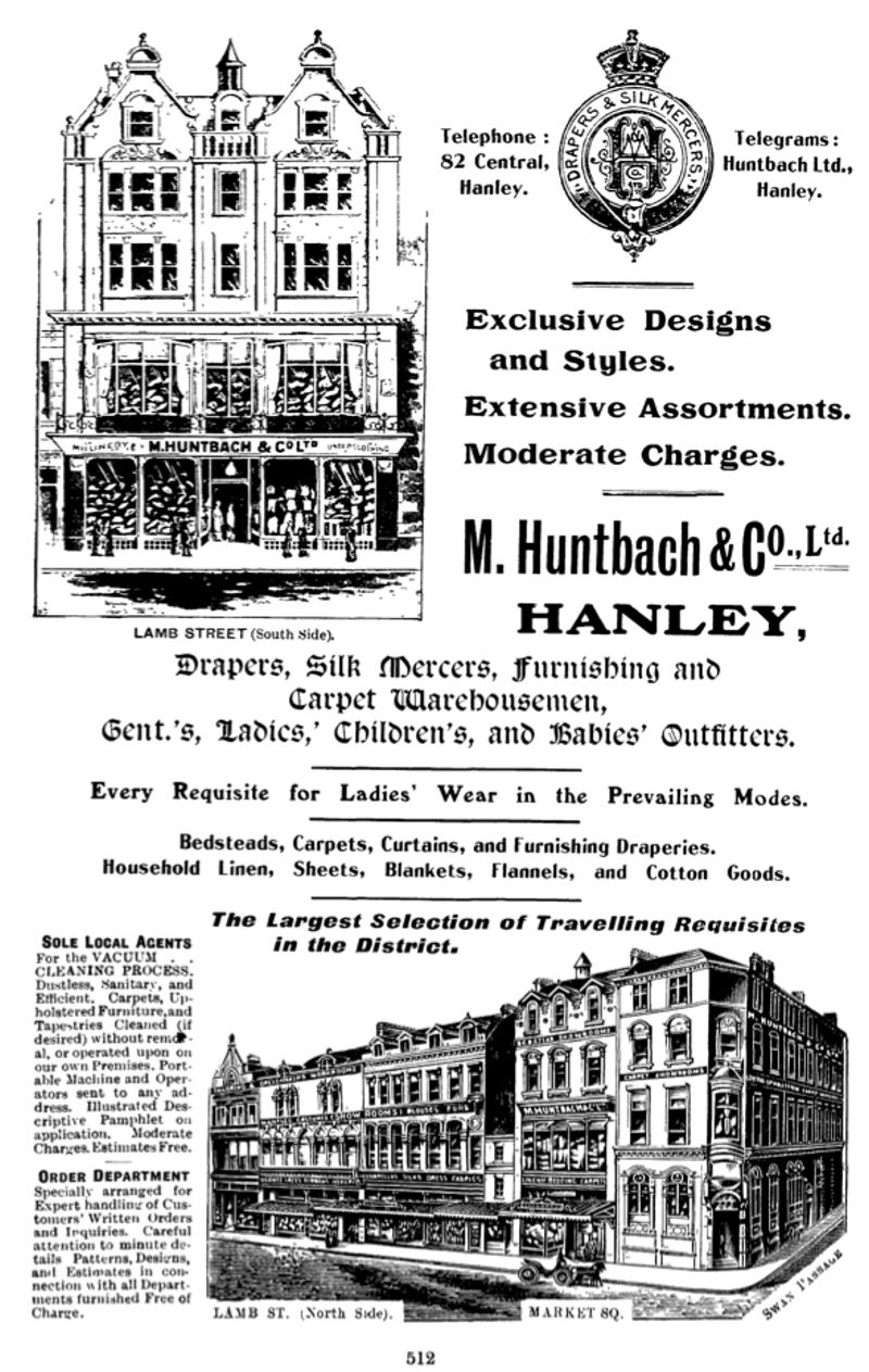 1907 advert for M. Huntbach & Co Ltd, Drapers, Hanley