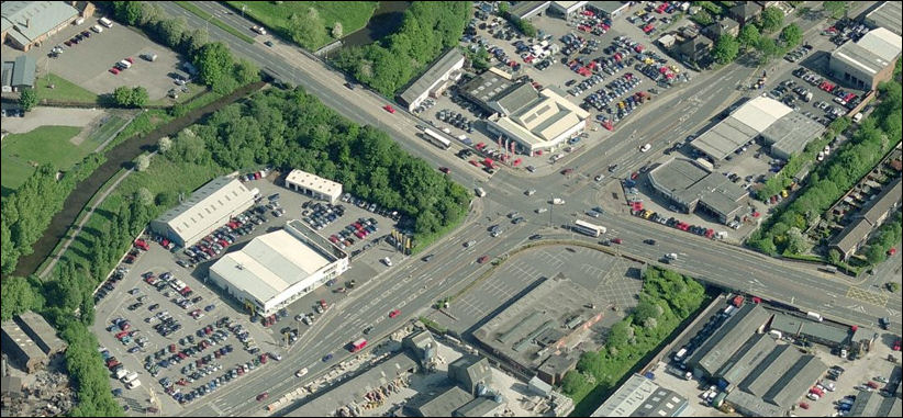 the same junction in 2001 - the Holdcroft Motor Group occupy three corners of the junction, including the site of Bailey's Garage