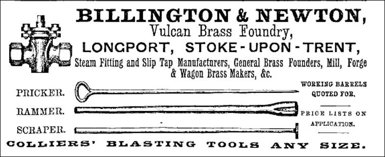 1876 advert for Billington & Newton at the Vulcan Brass Foundry