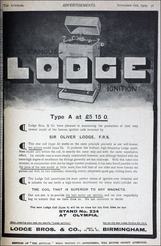 1909 advert from 'The Autocar' for 'The Famous Lodge Ignition'