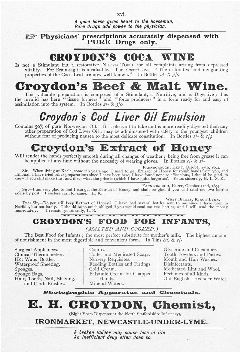 E. H. Croydon, Chemist, Newcastle-under-Lyme - 1895 advert