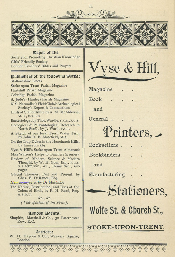 Vyse & Hill, Printers and Stationers - 1895 advert