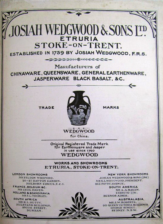 Josiah Wedgwood & Sons, Manufacturers of Chinaware, Queensware, General Earthenware, Jasperware Black Basalt, &c