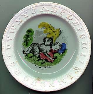 Black transfer-printed 7" ABC plate with hand-painted colors,
