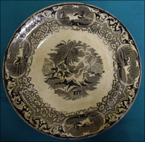 brown transfer ware plate in the LASSO pattern