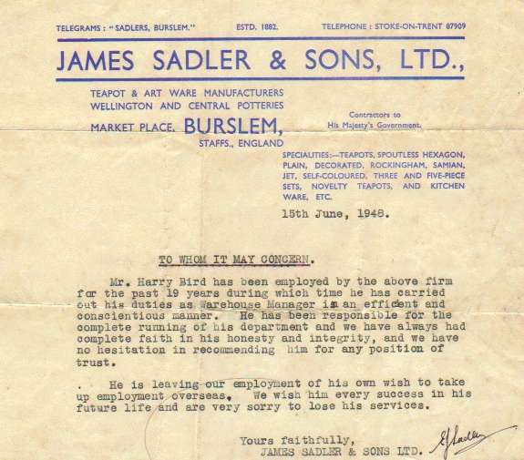 1948 reference letter for Sadler
