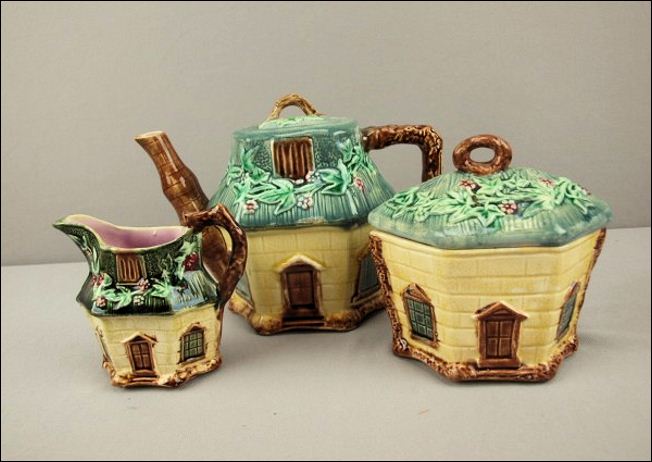 Warrilow and Cope cottage shaped 3 piece teaset