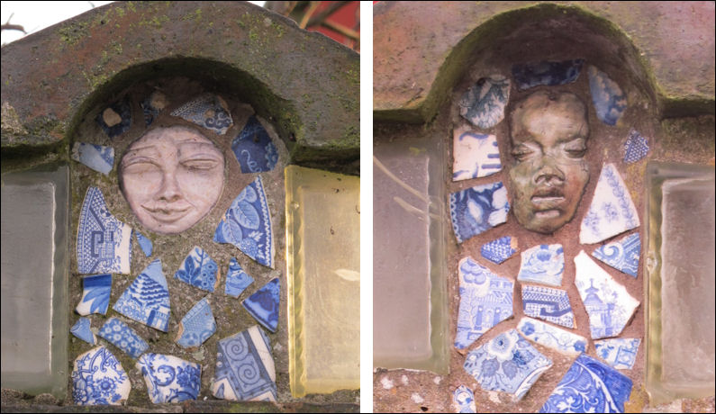 blue printed pottery fragments surround the faces of comedy and tragedy on the gate posts  