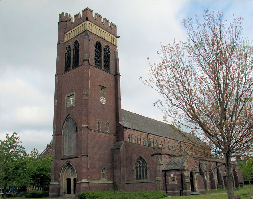 Christchurch - Fenton Parish Church. 1890-1891, the tower added 1899. Designed by Charles Lynam. Red and blue brick with ashlar dressings with slate roofs.