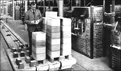 Biscuit kiln, Brownhills. Mr. Geoff Corn inspecting the output.