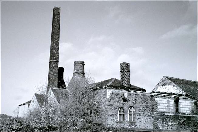Rear of Albion Works showing two bottle ovens and chimney stack