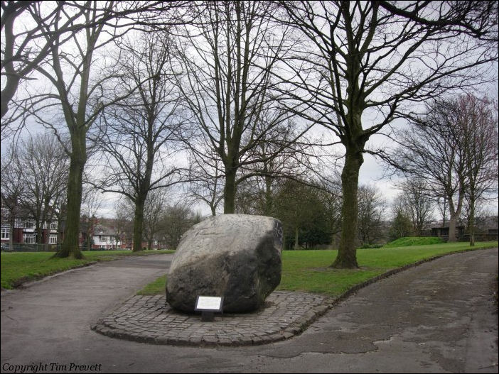 A large glacial erratic near the clock tower at the south west end of Tunstall Park park. 