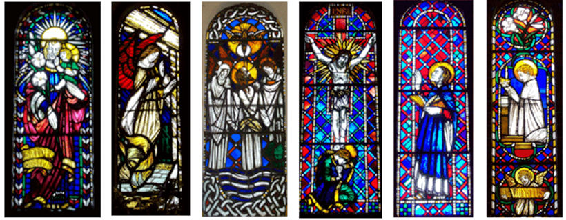 six of the 32 stained glass windows in St. Joseph's - designed by Gordon Forsyth and made by some of the church members