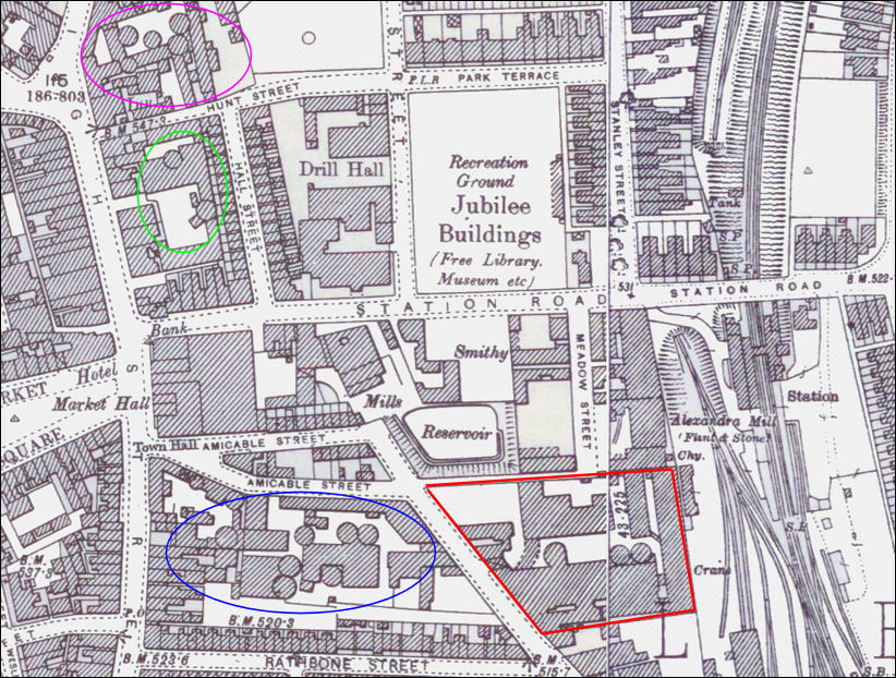 1898 map of the area around Tunstall Town Hall and Jubilee Buildings 