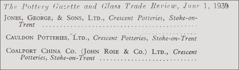 George Jones & Sons, Cauldon Potteries, Coalport China Co. - at the Crescent Potteries