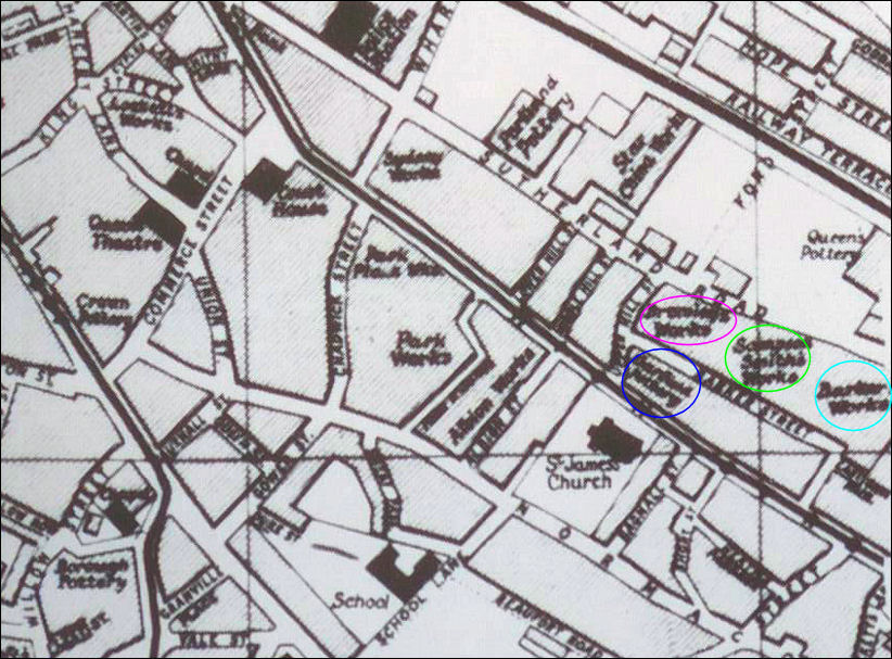 1907 map showing the potworks opposite St. James Church 