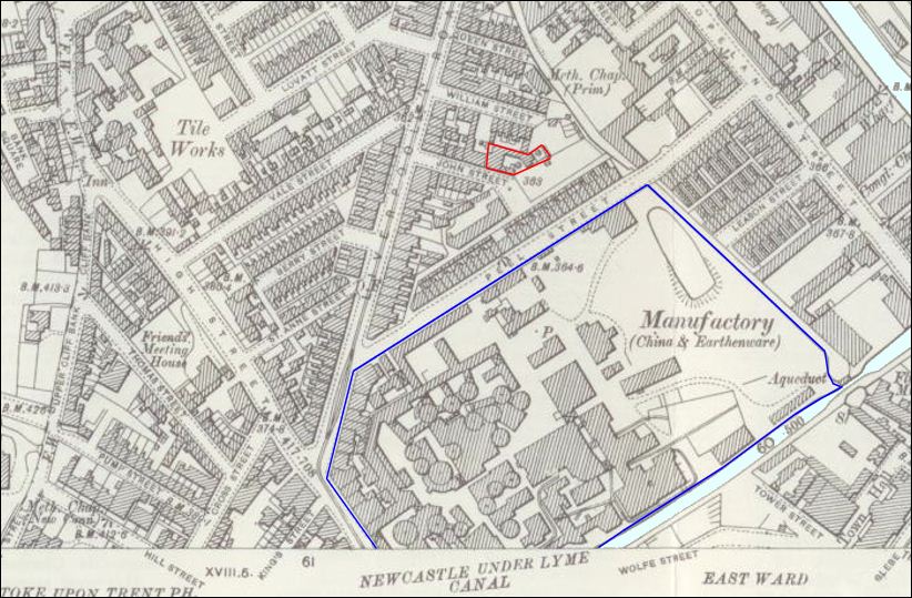 1898 map showing in red the Cock Works, John Street (now Leese Street), Stoke where William H Goss operated 1858-70