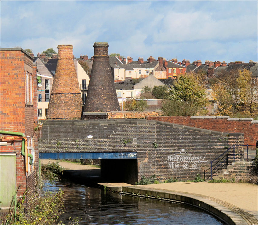 two remaining kilns of the Trent Works alongside the Caldon Canal