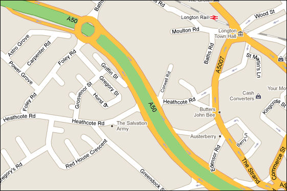 2009 Google map of the same area - the A50 main road has cut straight through the map 