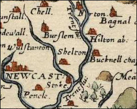 a section of a 1577 map of North Staffordshire showing 'Hilton abbey'