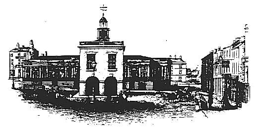 The illustration shows the first Town Hall in 1843.