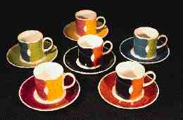 'Harlequinade', a dazzling 1968 pattern for Wedgwood. Cup and saucer 15-20.