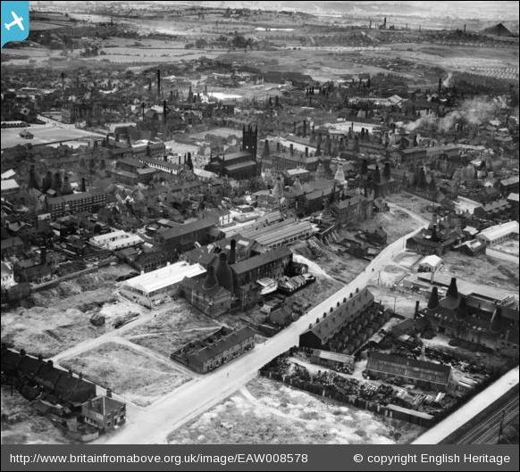 Barker Bros Ltd Earthenware Factory, St James&#039;s Church and surrounding potteries, Longton, 1947 - Britain from Above